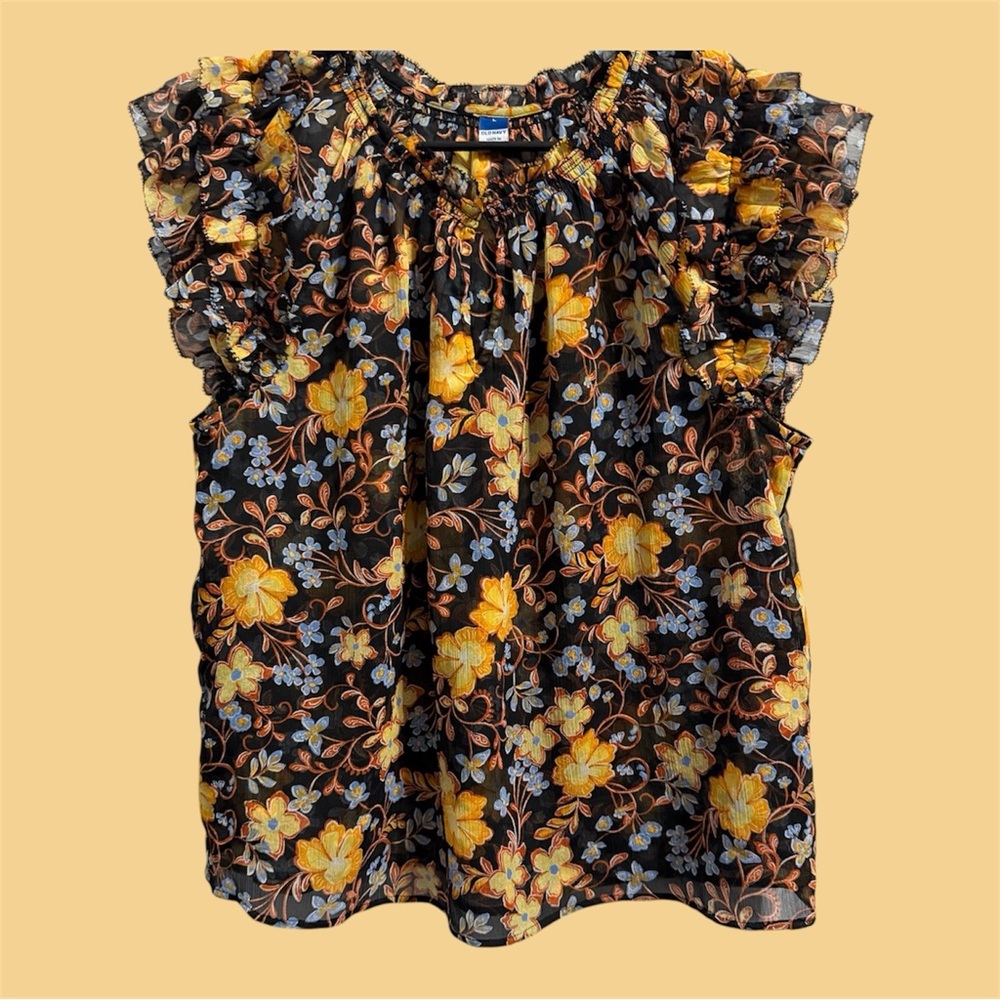 Old Navy Sheer Black Floral Ruffle Cap-Sleeve Blouse size L